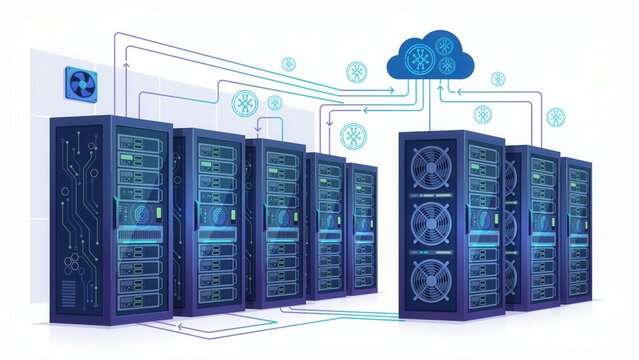 Server racks connected to cloud computing network in a modern data center facility
