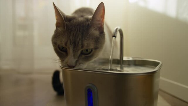 House Cat Drinking From Indoor Water Fountain