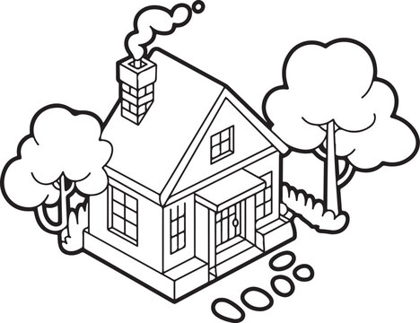 Cute cozy cottage house outline coloring page with trees and chimney vector illustration