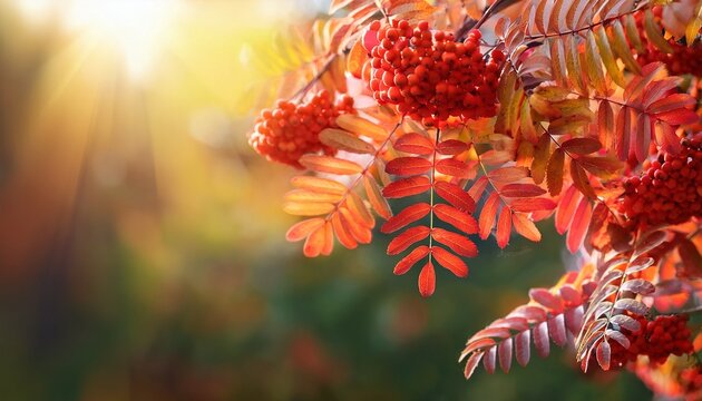 Rowan Sorbus Aucuparia Tree In Autumn Bright Red Autumn Foliage On Rowan Natural Autumn Plant Background