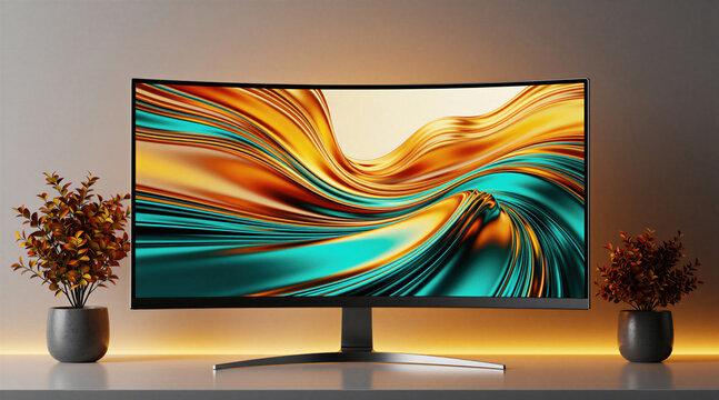 Curved monitor screen displays abstract golden, teal liquid flow graphics. Electronic computer device stands on modern desk with green indoor plants. Innovative pc technology hardware features wide