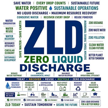 Zero Liquid Discharge system infographic for industrial water treatment. Advanced ZLD technology diagram for sustainable wastewater recycling and r...