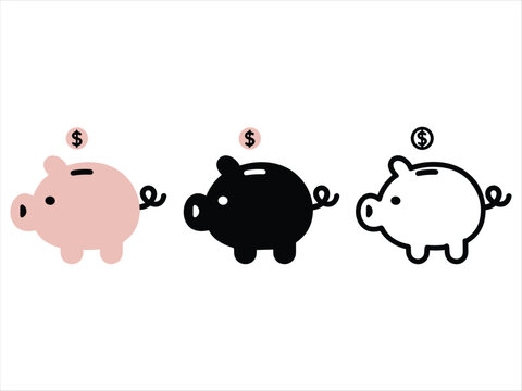 Set of three piggy bank icons in different styles