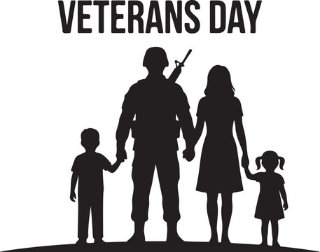 Honoring veterans day silhouette of soldier with family appreciation for military service