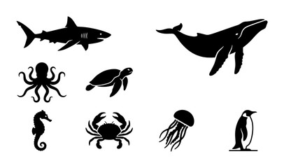 Ocean Wildlife Silhouettes: Shark, Whale, Octopus, Turtle, Seahorse, Crab, Jellyfish, Penguin Icons © Sayma