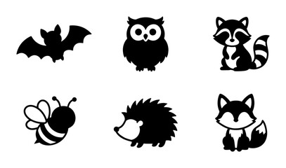 Obraz premium Cute Woodland Animal Icons Set: Bat, Owl, Fox, Raccoon, Bee, Hedgehog Vector Graphics