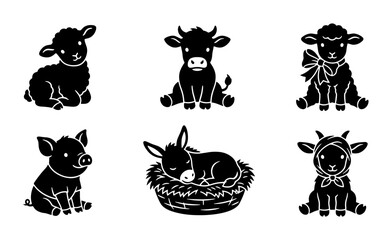 Obraz premium Farm Animal Icons Set, Cute Livestock Silhouettes, Baby Animals Vector Graphics, Nursery Decor Elements