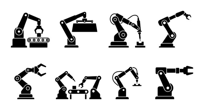 Industrial Robotic Arms Set, Automation Technology Icons, Manufacturing Assembly Line Machine Vector