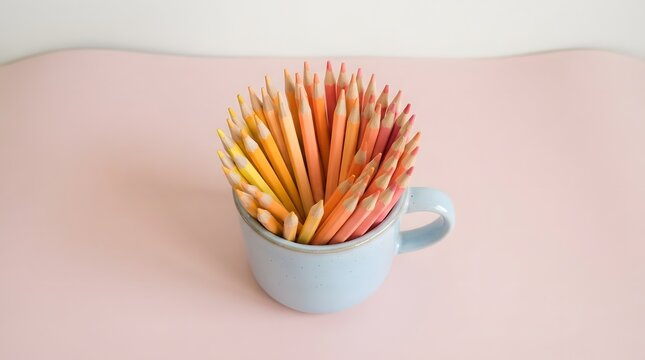 Assorted colored pencils in a light blue mug on a pink background