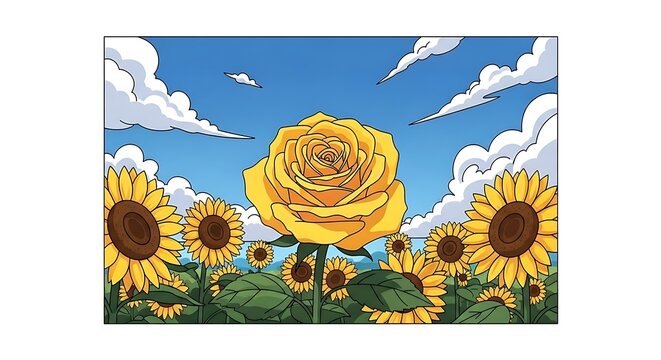 Rosa Dibujo Illustration of Yellow Rose in Sunflower Field