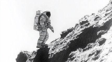 Astronaut climbs a rocky, gray terrain in a spacesuit. Black and white illustration