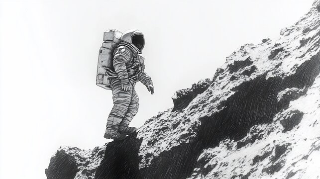 Astronaut climbs a rocky, gray terrain in a spacesuit. Black and white illustration