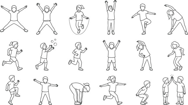 Kids Exercise Line Art Character Set with Children Fitness Activities and Active Movement Poses