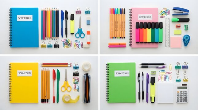 Flat lay of school supplies isolated on white background