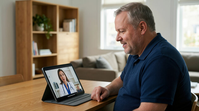 Middle aged man having a virtual doctor appointment on a tablet at home. Male patient smiling during a telehealth video call with a female physician. Remote medical consultation concept