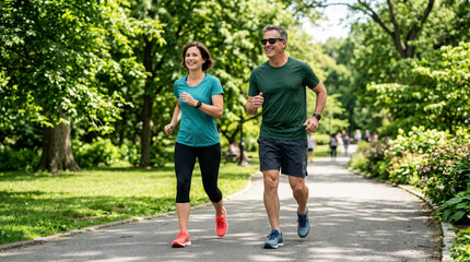 Obraz premium Middle aged couple jogging together in a sunny park. Happy man and woman enjoying outdoor fitness and active lifestyle