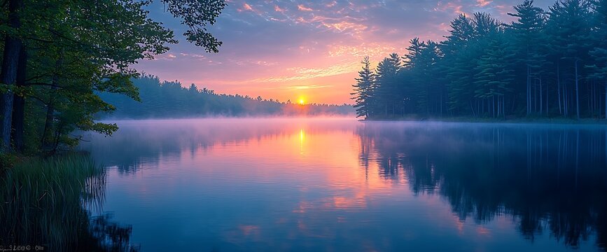 Misty sunrise lake reflection, forest backdrop, peaceful nature scene
