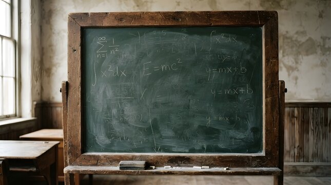 Old wooden chalkboard with mathematical formulas written in chalk