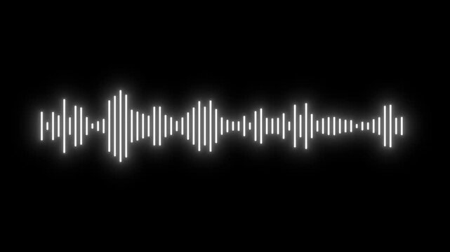 Digital audio sound wave featuring music frequency signal and voice recording levels in white outline styles isolated on black background for video editing and compositing projects, 4k loop