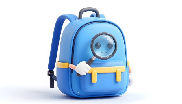 Cute cartoon backpack character holding a magnifying glass with a happy face