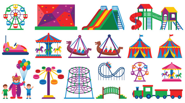 Amusement park rides set with ferris wheel roller coaster and slides.