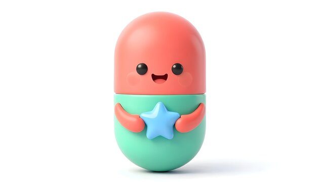Cute cartoon pill character holding a blue star with a happy expression