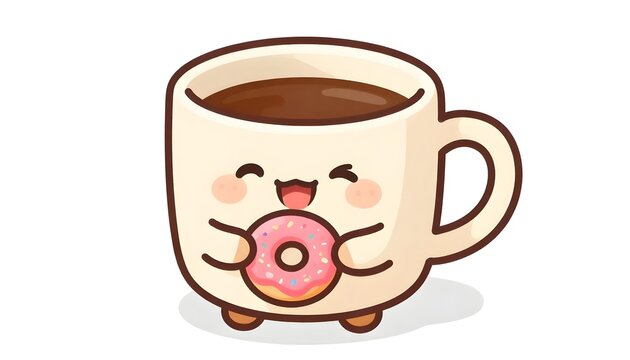 Cute cartoon coffee mug with a happy face eating a donut