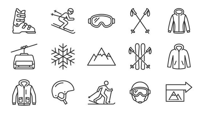 Winter sport equipment and activity icons set