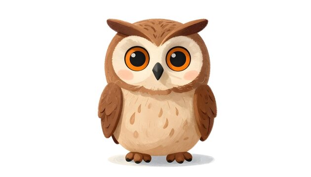 Adorable cartoon owl with big orange eyes and fluffy feathers standing on white background