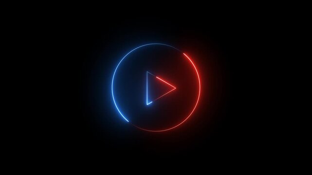 Neon Play button sign icon animation glowing blue color circle media audio and video music stop player pause press click push start button press icon on black background