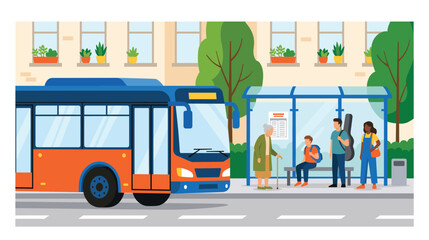 Modern city bus at bus stop with diverse passengers waiting. © Akter