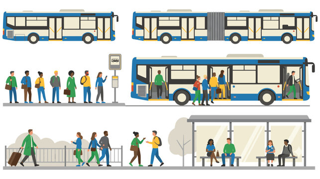 City bus and passengers at stop, urban transit transportation illustration.
