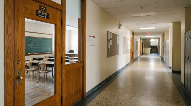 Empty school hallway with open classroom door and lockers