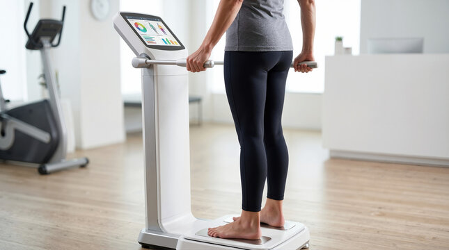 Person standing barefoot on body composition analyzer scale. Digital screen displaying health and fitness data charts. Medical weight and muscle mass measurement equipment