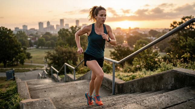 Woman running up outdoor stairs with city skyline in background. Female athlete climbing steps during golden hour workout. Urban fitness and cardio training