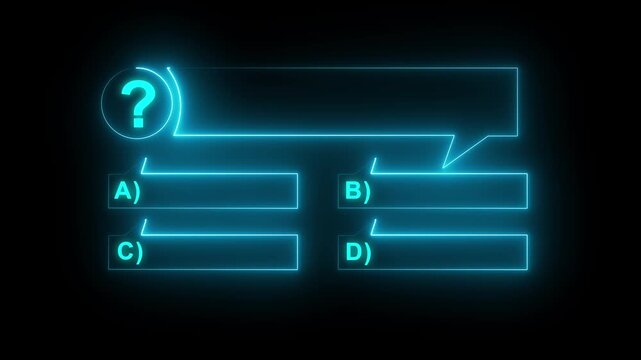 Quiz Neon Line Animation with option selection on black background Quiz Animation template, question and test menu choice quiz show question and answers. Motion graphics of question book concept