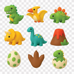 Dinosaur Vector Icon Set   3D icon set   T-Rex, pterodactyl, stegosaurus, triceratops, brachiosaurus, erupting volcano, dinosaur egg, dinosaur footprint, baby dinosaur hatching from an egg © Dian