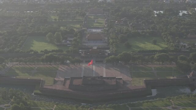 Aerial drone view of Hue Imperial Citadel featuring Ngo Mon Gate, Thai Hoa Palace and Kien Trung Palace, showcasing Vietnam's UNESCO royal heritage, ancient architecture and cultural landmark.