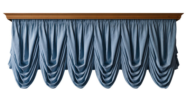 Blue draped valance with wooden cornice, isolated on transparent background
