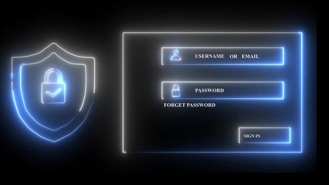 Neon Cyber Security Login Screen with Shield and Input Fields password username. Safe Login Interface with Password Protection, Cybersecurity Measures.