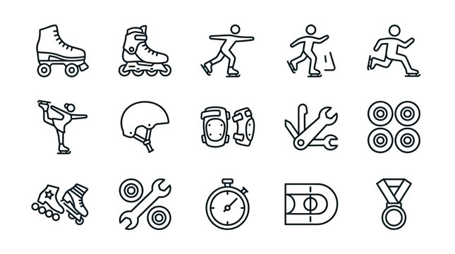 Inline skating and sports equipment icons set flat design