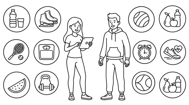Healthy lifestyle icons with man and woman showing fitness concept elements.