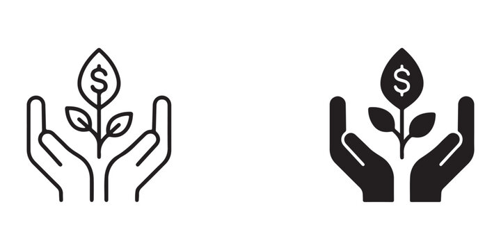 hands holding growing plants with dollar signs symbolizing investment growth and financial support for nature