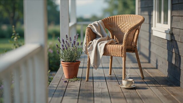 Wicker chair on sunlit wooden porch with lavender &ndash; Ideal for cozy home decor, morning relaxation, or rural living.