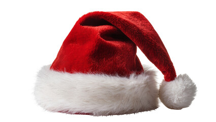 Red plush Santa hat with white trim and pompom, isolated on transparent background © Veaceslav