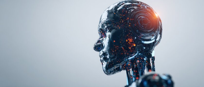 Futuristic robot head with glowing circuits and metallic texture in profile view