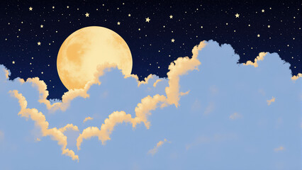 Fototapeta premium Digital illustration of a full moon shining behind fluffy clouds in a starry night sky