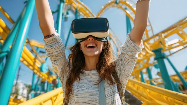 Excited young woman wearing virtual reality headset at an amusement park with roller coaster background