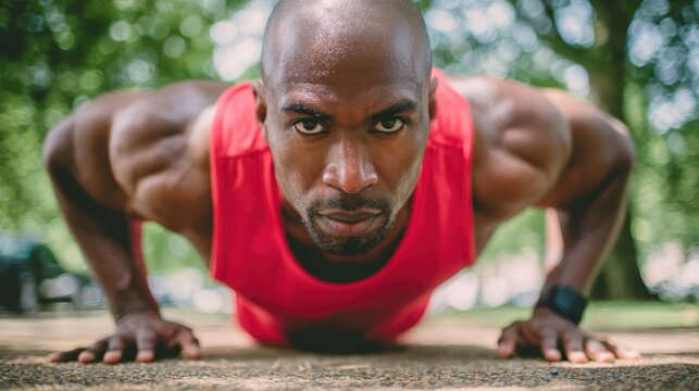 Athletic man doing push-ups in a park