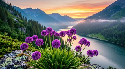 Plakat Purple allium flowers grow on rocky mountain slope overlooking serene lake and distant peaks at sunrise. Rich green trees line water. Peaceful nature scene.